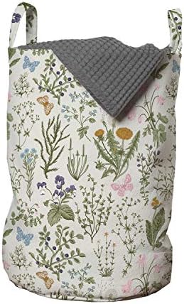 Закопчалка Цвете чанта за дрехи, Илюстрация в ботаническата теми с Билки и Полевыми цветя, Пролетна Растителност във формата на Пеперуди, Кошница за дрехи с дръжки, закрывающаяся на шнур, за пране, 13 x 19, Многоцветен