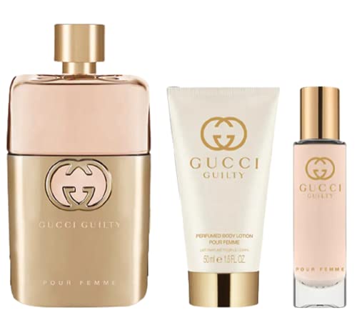 Подаръчен комплект Gucci Guilty в твърда опаковка от 3 теми за жени (3 Унция парфюмерного спрей + 1,6 Унции Парфюмированного лосион за тяло + 0,5 грама парфюмерного спрей за пътуване)