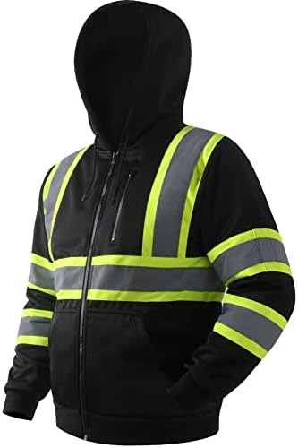 Защитно hoody JKSafety Hi-Vis за мъже и жени, hoody с качулка на цип висока видимост, Hoody с качулка за работа, Светлоотразителни ленти, с удължена покритие (JK121-Черно, L)