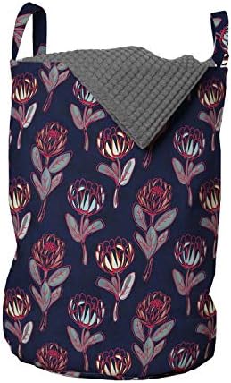 Чанта за дрехи Ambesonne с цветя модел, Рисованные Скици цветове Protea в стила на Doodle, Кошница за дрехи с дръжки, Закрывающаяся на шнур, за пране, 13 x 19, с Цвят на индиго