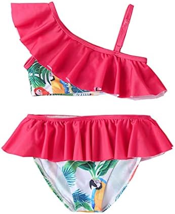 Бански за малки момичета, Летен бански костюм с флорални принтом и листа, бански стил ваканция С волани, комплект бикини от две части (светло розово, 2-3 години)