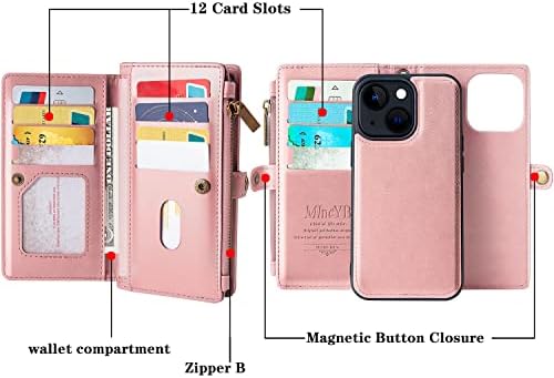 MInCYB е Съвместим с калъф-портфейл iPhone 14, калъф с цип джоб с отделения за карти с RFID заключване за жени и мъже, магнитен подвижна кожен калъф с каишка-гривната за iPhone 14. Розов
