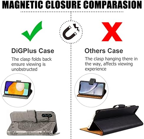 Чанта-портфейл DiGPlus Galaxy A13 5G, Кожен калъф-портфейл с отпечатан във формата на пеперуда и цвете, флип-надолу Защитно покритие за мобилен телефон с отделения за карти и стойка за Samsung Galaxy A13 5G (сив)