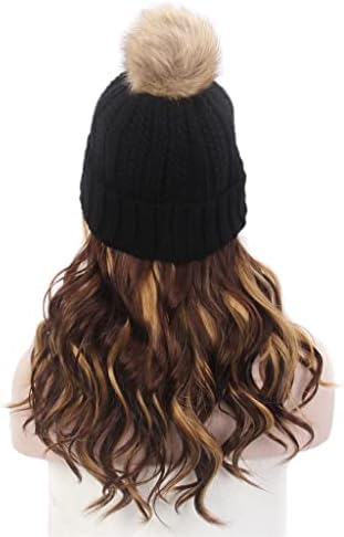SCDZS Модни дамски шапка за коса, една черна вязаная шапка, перука, дълга къдрава кестен перука с подсветка, плюс шапка, една