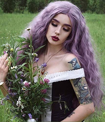Fdsweetzj лилаво къдрава перуки на дантели 13x6, бесклеевые синтетични топлоустойчива къса перуки-боб, свободни къдрава перуки за чернокожите жени. Натурална линия на растеж на косата с детски коса (лилаво 14 инча)