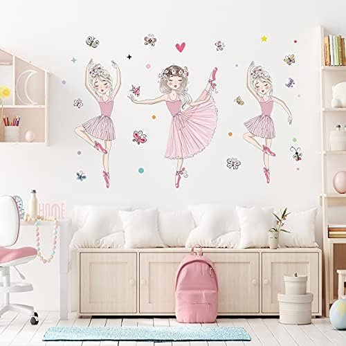 3 Розови Етикети на стената За малки момичета-Балерини, ULENDIS Подвижни Сладки Стикери за Стена за момичета-Балерини с Пеперуди, Стенен Декор на Малка Принцеса за Спал