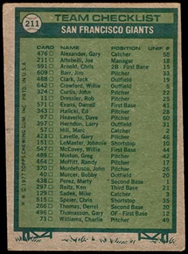 1977 списък на екипа Topps 211 Джайънтс Джо Альтобелли Сан Франциско Джайентс (бейзболна картичка) ДОБРИ Джайентс