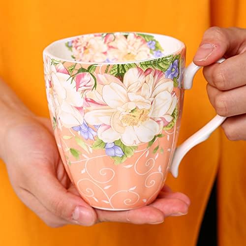 Чаши за кафе от Костен порцелан YUESITE за жени, Чаши, Кафе Чаши Чай Flora, Чаши за Кафе Novetly, Подарък за Жени, Приятели на Майка, 14 унции (оранжев)
