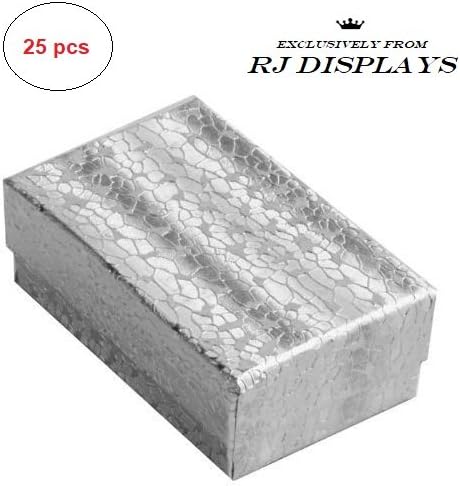 RJ Displays - 25 опаковки Сребърна Бельо кутии за бижута с памучен пълнеж за Кулон, Шарма, Гривна, един крак гривни, пръстени, Обеци, колиета, Бижута и малки подаръци размер на 2 5/8 x 1 1/2 x 1 (67 x 40 x 25 мм)-Размер