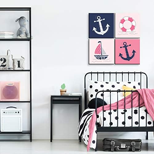 Голяма точка щастие Ahoy - Момиче в морски стил - Детска стая Декор за детска стая и дома - Детски рисунки на стена с размер 11 х 11 см - Комплект от 4 щампи