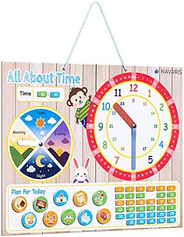 Магнитни часовници Navaris Kids - За обучение в ранна възраст - График за занимания за деца с указание за време на деня - Детска стенни борда - Английски, Бежов