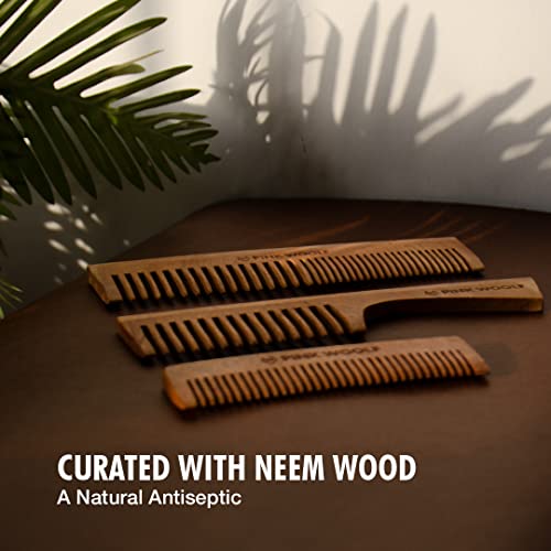 Розови Дървени гребени Woolf Neem (КОМБИНИРАНИ) | Дамски и Мъжки | Натурални и здравословни | Гребен за оформяне на косата с плитки и широки зъбци | Произведено в Индия