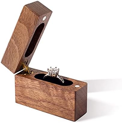 Дървена кутия за Годежни Пръстени Wislist, Малък Тънък Плосък Калъф за Пръстени за Предложения за брак, Сватби (Ядки дърво)