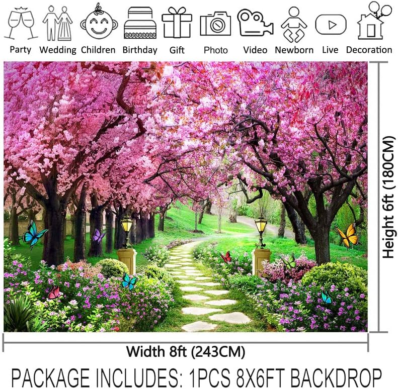 YCUCUEI 8x6 фута Пролетен Пейзаж Фон За Снимки Градински Цветя Пътека Към Дървото на Пейзаж Дамски Детски Вечерни Бижута Сватба, Новородено Фотобудка Банер