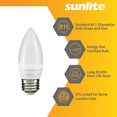 Лампа за полилеи Sunlite 40336 LED B11 с торпедообразным фитил, 4,5 W (еквивалент на 40 W), На 300 Лумена, Средна база (E26), с регулируема яркост, сертифицирана по Energy Star и ETL, топъл бял 2700 К, Скреж, 6 бр.