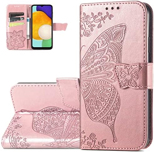 Чанта-портфейл Monwutong за Samsung Galaxy A13 5G, калъф от изкуствена кожа с 3D модел на пеперуда, стабилна магнитна закопчалка и отделения за банкови карти, калъф-притежател на Samsung Galaxy A13 5G HZD от розово