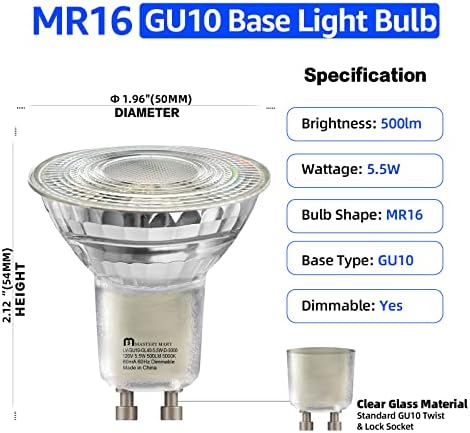 Led лампи МАЙСТОРСТВО MART GU10 с регулируема яркост, 5,5 W [еквивалент на 50 W], 500лм, дневна светлина 5000 До ъгъл осветление 40 °, CRI80, посочени в UL, са сертифицирани от Energy Star (6 бр.)
