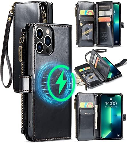 Магнитна чанта-портфейл CaseMe, предназначен за iPhone 13 Pro (6,1 инча), с панти капак, който е съвместим със зарядно устройство MagSafe, защитен калъф-награда от изкуствена кожа с цип с магнитна закопчалка и държач