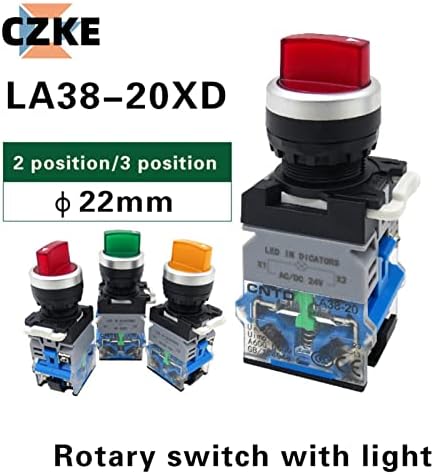 PCGV LA38 2NO Завъртане бутон превключвател 22 мм с подсветка, 2-позиция, 3-позиционен ключове за осветление с лампа (Цвят: жълт 2NO, Размер: AC DC24V)