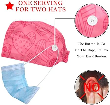 Шапка с бутоните за покриване на косата тюрбан шапки, Каски работа на медицински сестри домашни любимци Клиника капачка 2 броя, ръчно нарисувани сърца розово модел