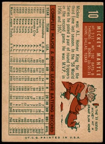 1959 Topps 10 Мики Мэнтл Ню Йорк Янкис (Бейзболна картичка) VG Янкис