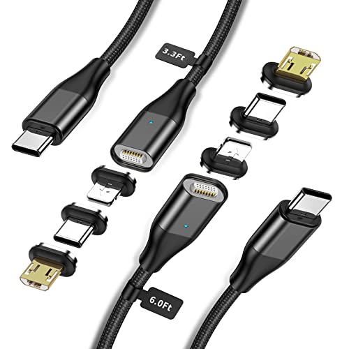 Магнитен USB кабел C-C YKZ 3 в 1, Кабел за зареждане от магнит Type C до Type C, [3,3 фута + 6,0 метра] Бързо зарядно устройство PD 60 W, кабел в найлонов оплетке, съвместим с устройства Type C и Android (черен)