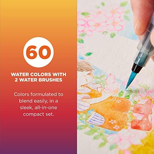 Студиен комплект Sakura Koi - Комплект акварели за студио за рисуване или чертане в движение - 60 Цвята - 2 Четки за вода - 2 гъби - 2 Палитра